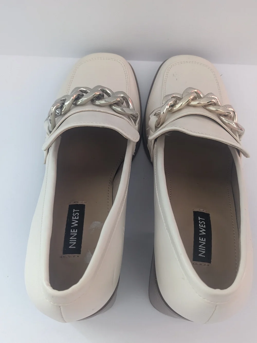 Nine West Women's Cream Chain Chunky Heel Trim Loafers 6